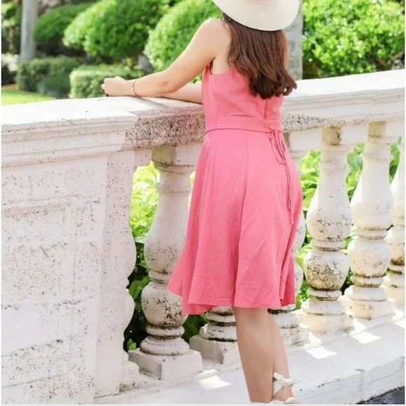 Ruth Square Neck Pink Linen Fit and Flare Dress Gal Meets Glam 6